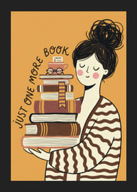 Charming illustration of book lover with stacks of books.-5