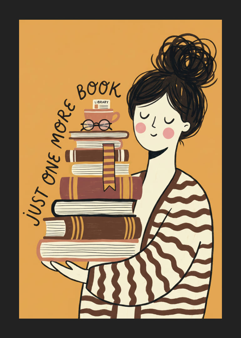 Charming illustration of book lover with stacks of books.-12