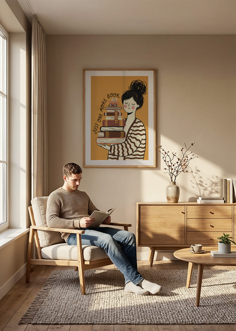 Charming illustration of book lover with stacks of books.-12