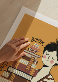 Charming illustration of book lover with stacks of books.-9