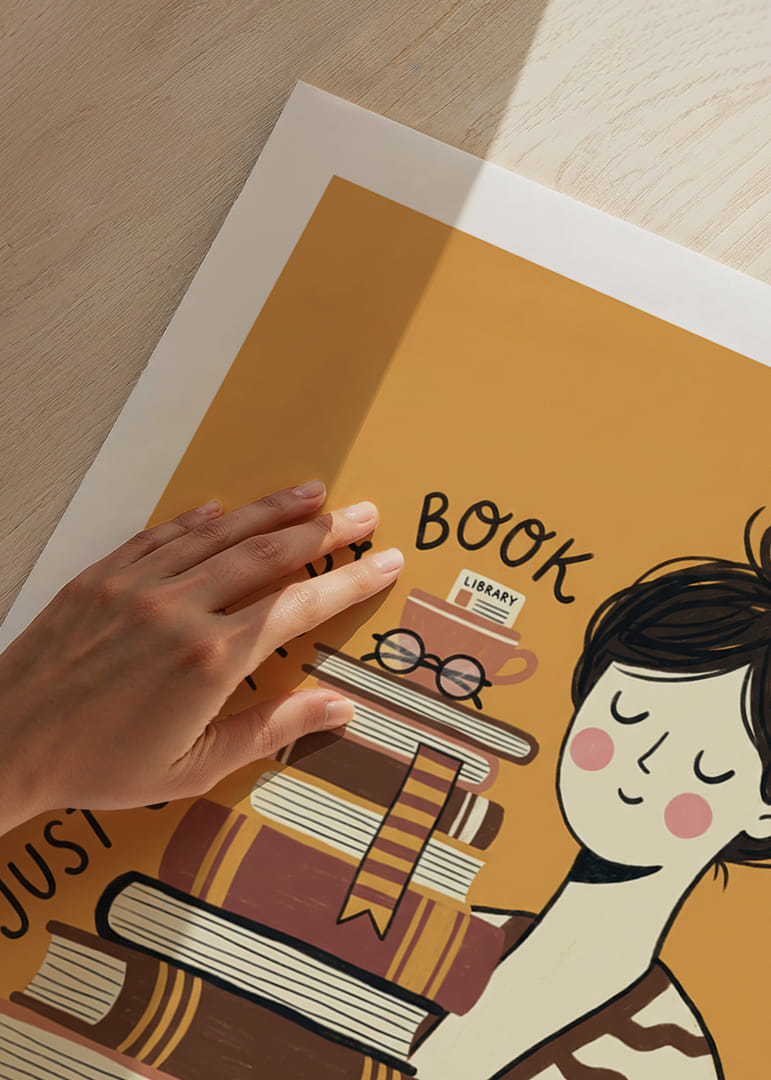Charming illustration of book lover with stacks of books.-12