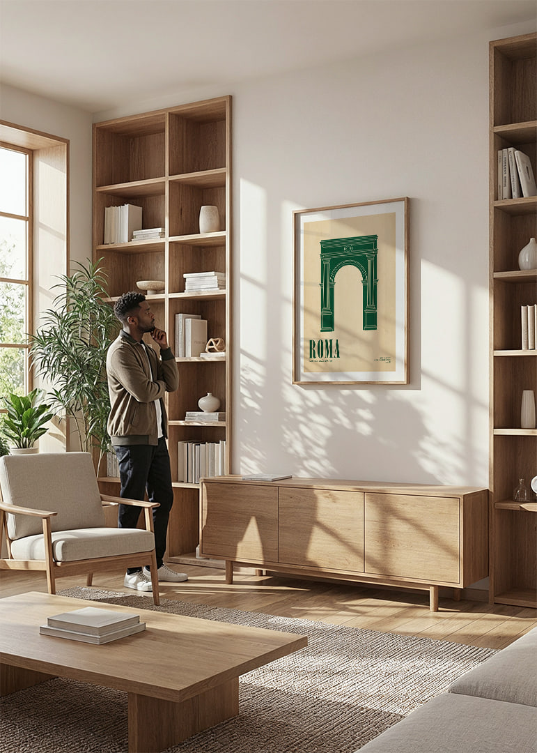 A green Roman arch against a beige background exudes elegance.-12