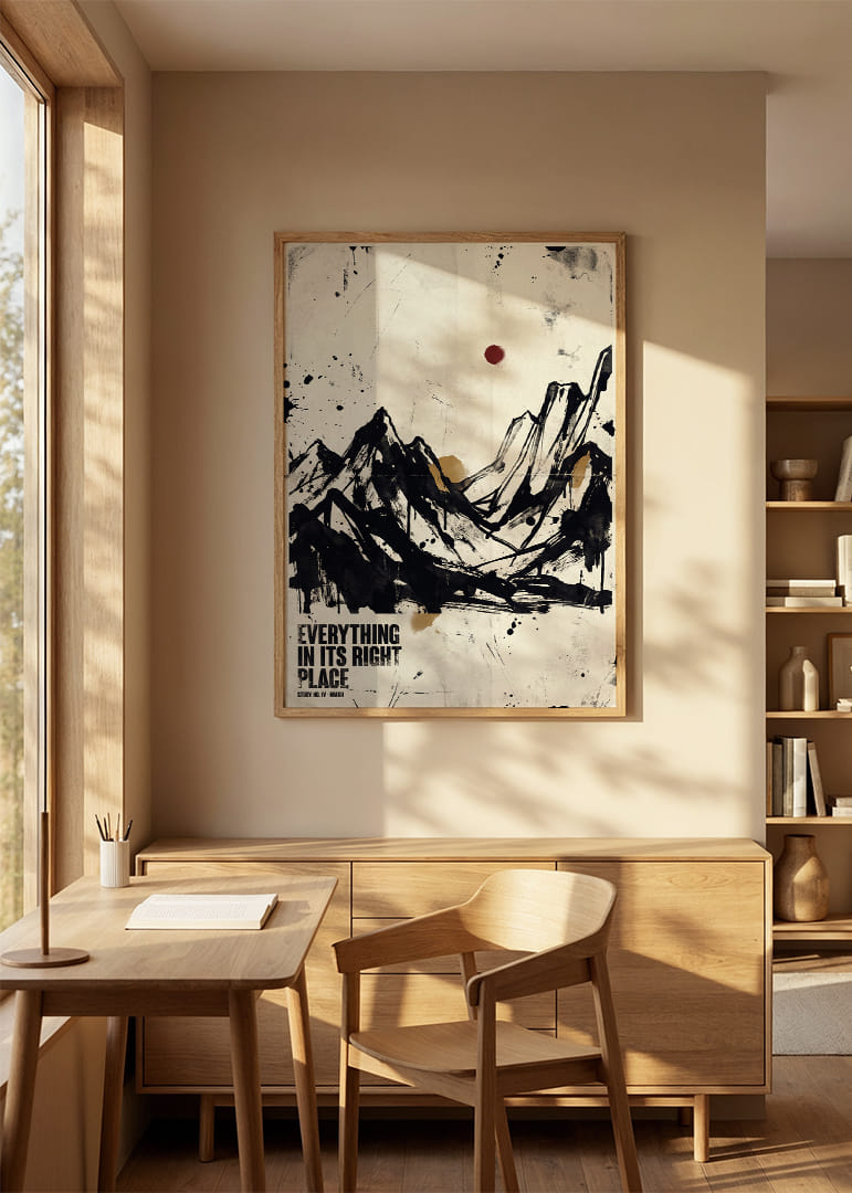 Abstrakte fjell med kraftig svart blekk på beige bakgrunn.-12