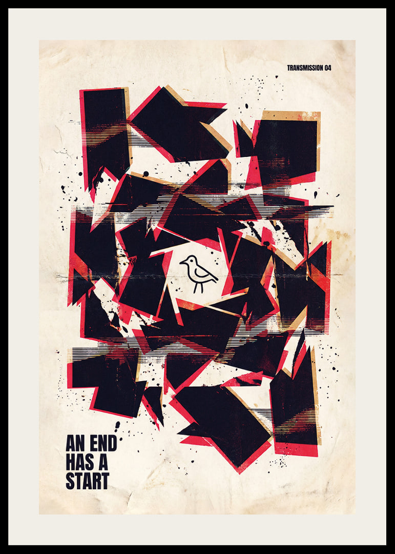 Fåglar mitt i geometriskt kaos skapar en hypnotisk affisch.-12