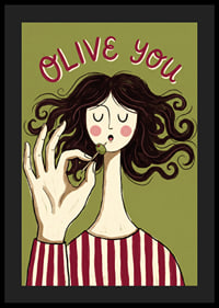Une femme déguste une olive sur une affiche ludique.-4