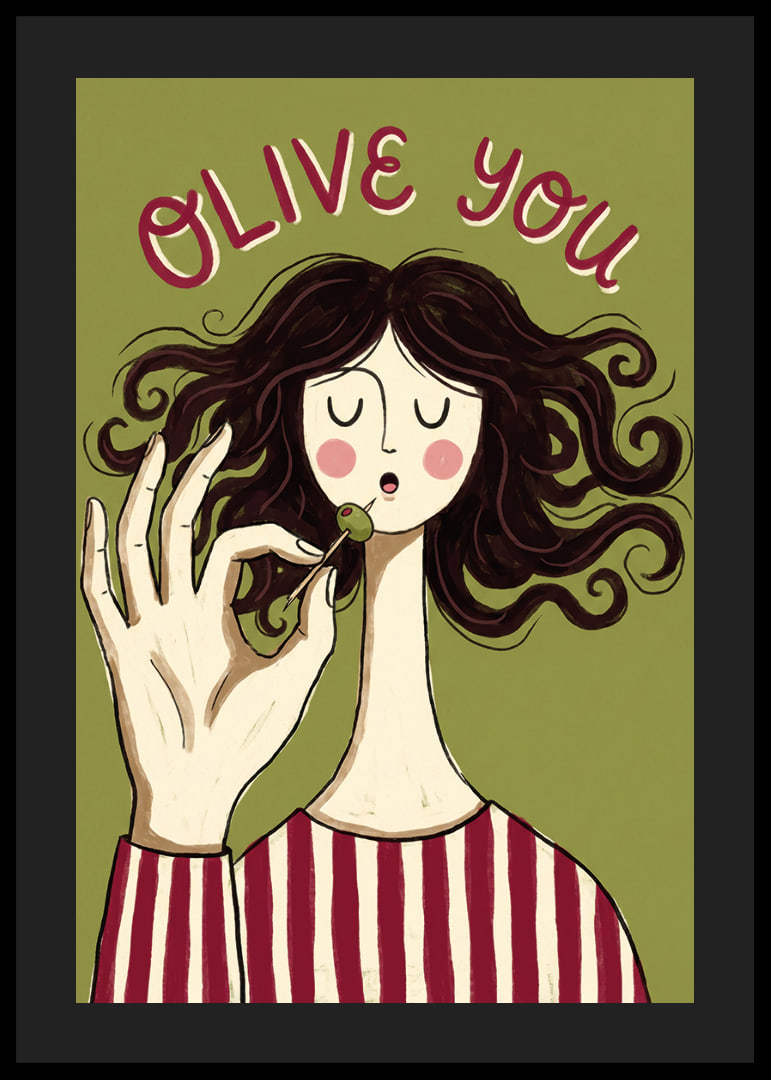 Une femme déguste une olive sur une affiche ludique.-12