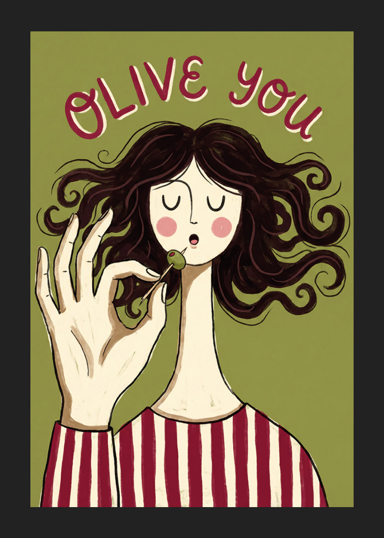 Une femme déguste une olive sur une affiche ludique.-12