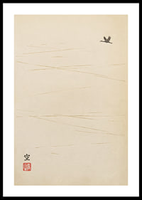 A lone bird flies over a harmonious and minimalist landscape.-0