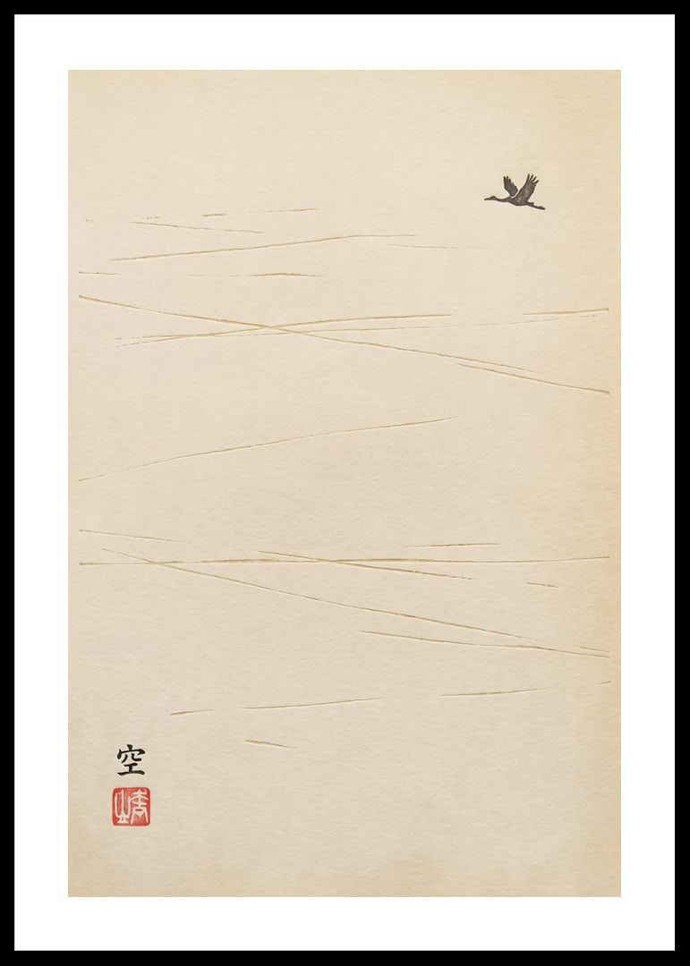 A lone bird flies over a harmonious and minimalist landscape.-12