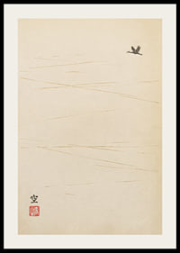 A lone bird flies over a harmonious and minimalist landscape.-2