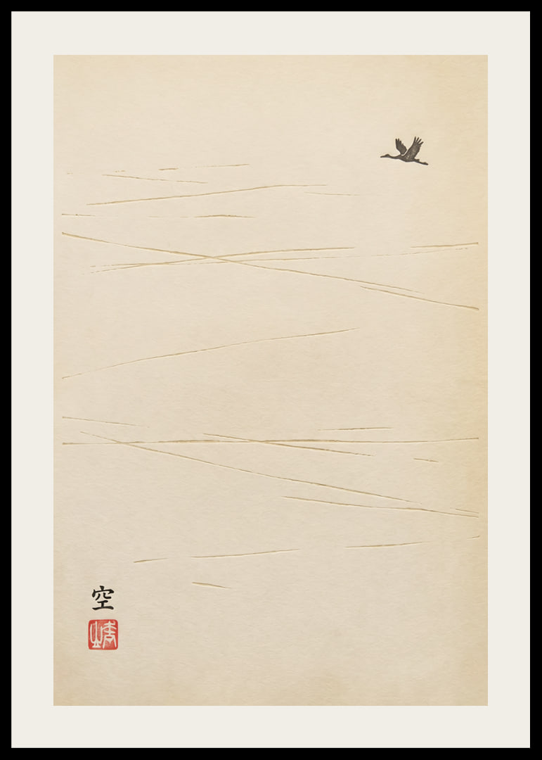 A lone bird flies over a harmonious and minimalist landscape.-12