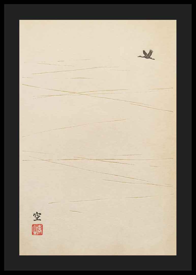 A lone bird flies over a harmonious and minimalist landscape.-12