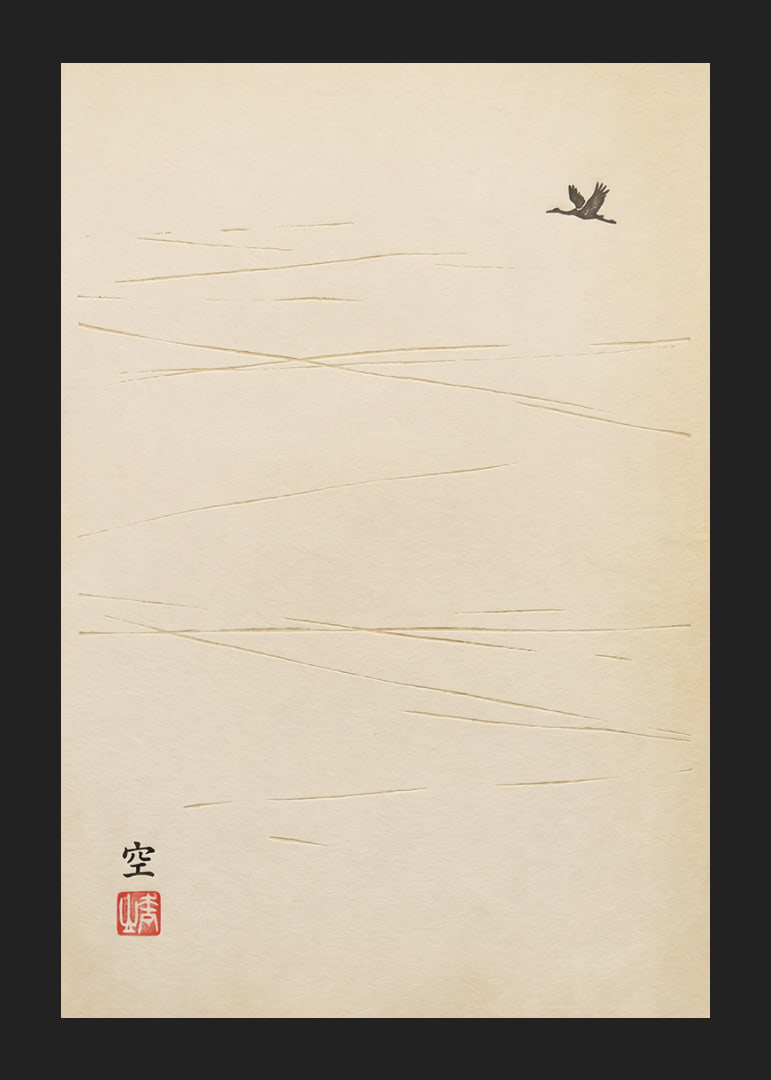 A lone bird flies over a harmonious and minimalist landscape.-12