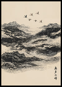 A flock of birds soars above majestic mountain peaks.-6