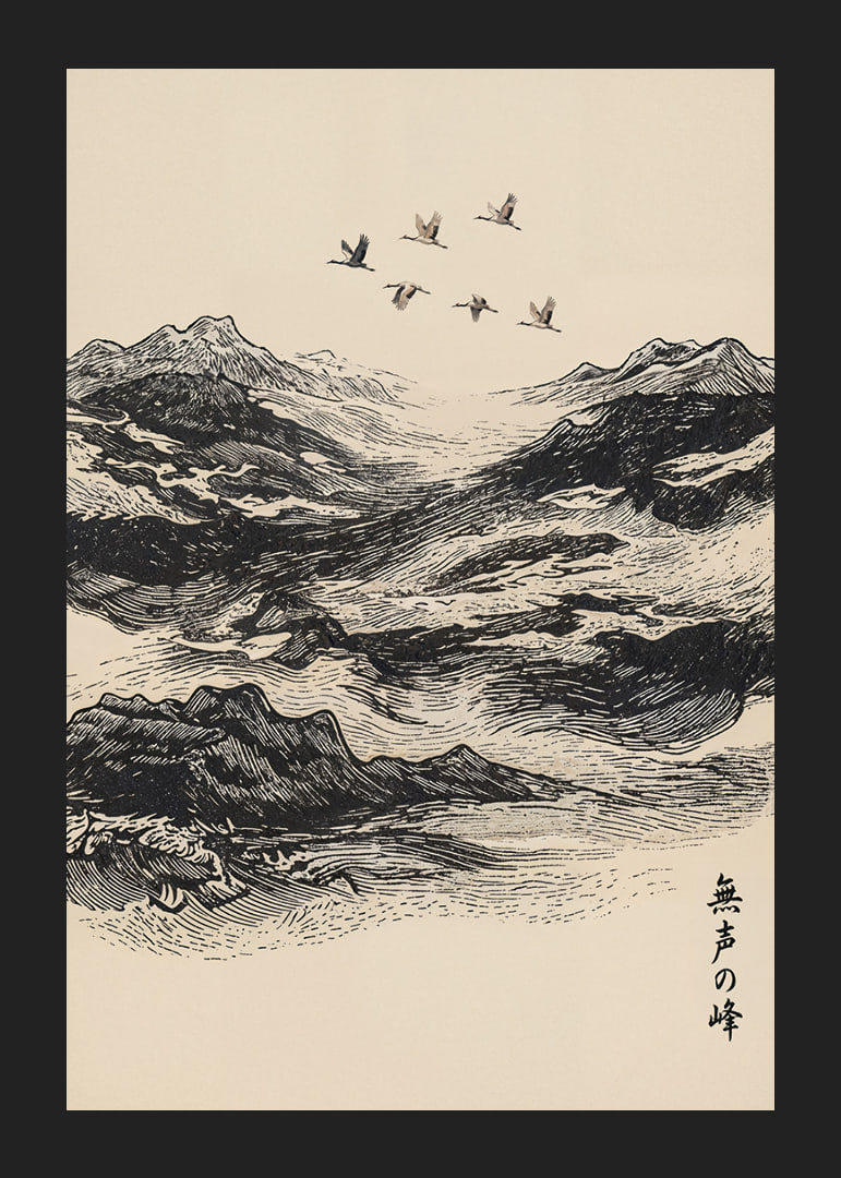 A flock of birds soars above majestic mountain peaks.-12