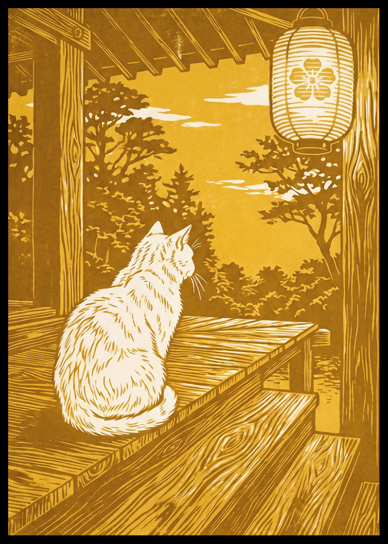 Un gatto riposa su una veranda, circondato da una bellezza dorata.-12