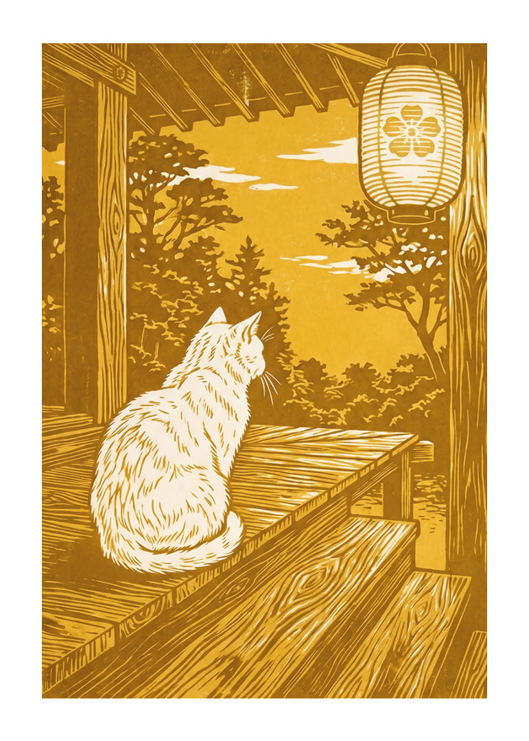 Un gatto riposa su una veranda, circondato da una bellezza dorata.-12