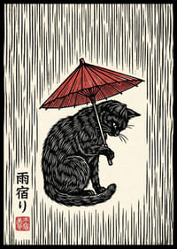 Un gatto con un ombrello rosso in un'elegante stampa in bianco e nero.-6
