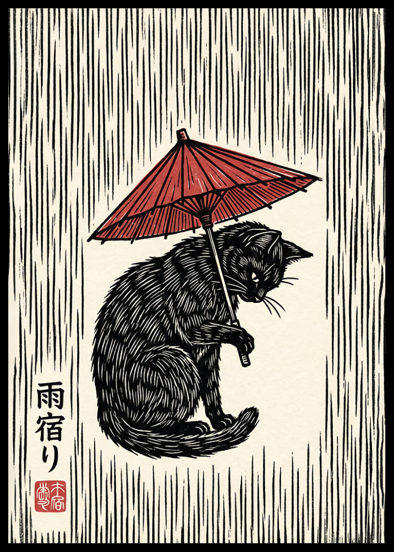 Un gatto con un ombrello rosso in un'elegante stampa in bianco e nero.-12
