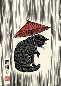 Un gatto con un ombrello rosso in un'elegante stampa in bianco e nero.-7