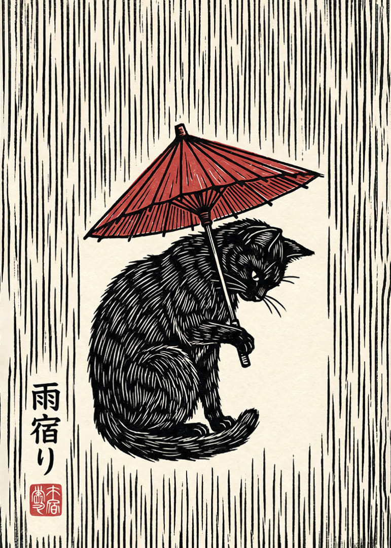 Un gatto con un ombrello rosso in un'elegante stampa in bianco e nero.-12
