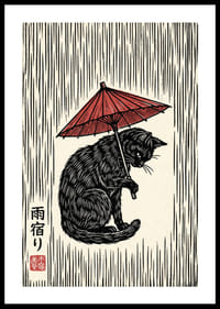 Un gatto con un ombrello rosso in un'elegante stampa in bianco e nero.-0