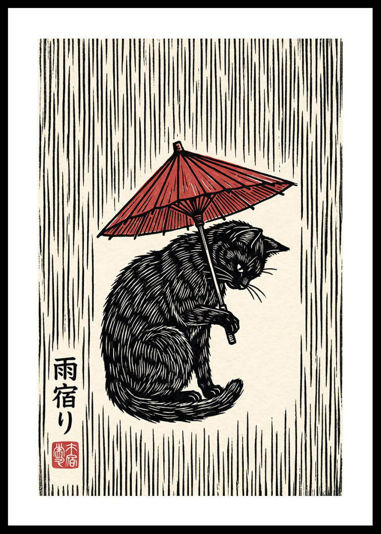 Un gatto con un ombrello rosso in un'elegante stampa in bianco e nero.-12