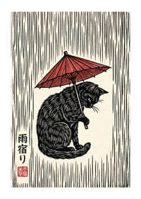 Un gatto con un ombrello rosso in un'elegante stampa in bianco e nero.-1