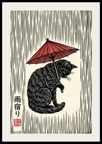 Un gatto con un ombrello rosso in un'elegante stampa in bianco e nero.-2