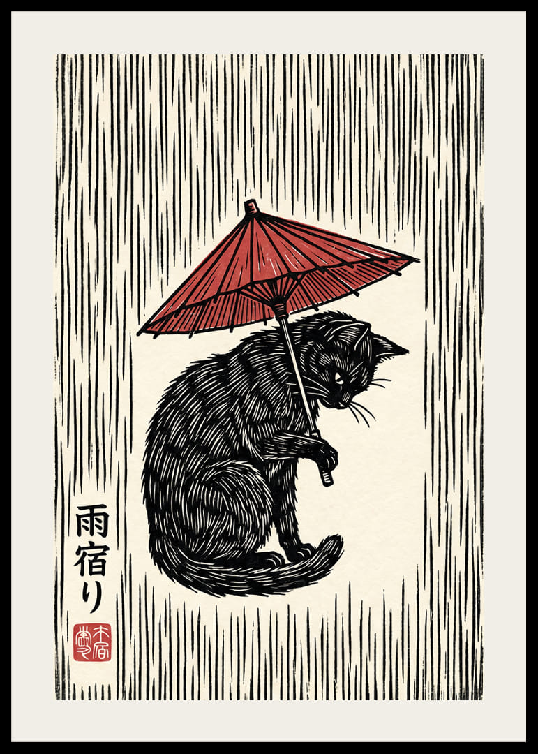 Un gatto con un ombrello rosso in un'elegante stampa in bianco e nero.-12