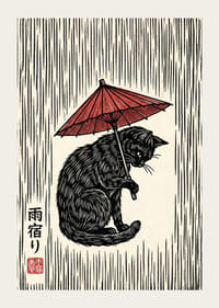 Un gatto con un ombrello rosso in un'elegante stampa in bianco e nero.-3