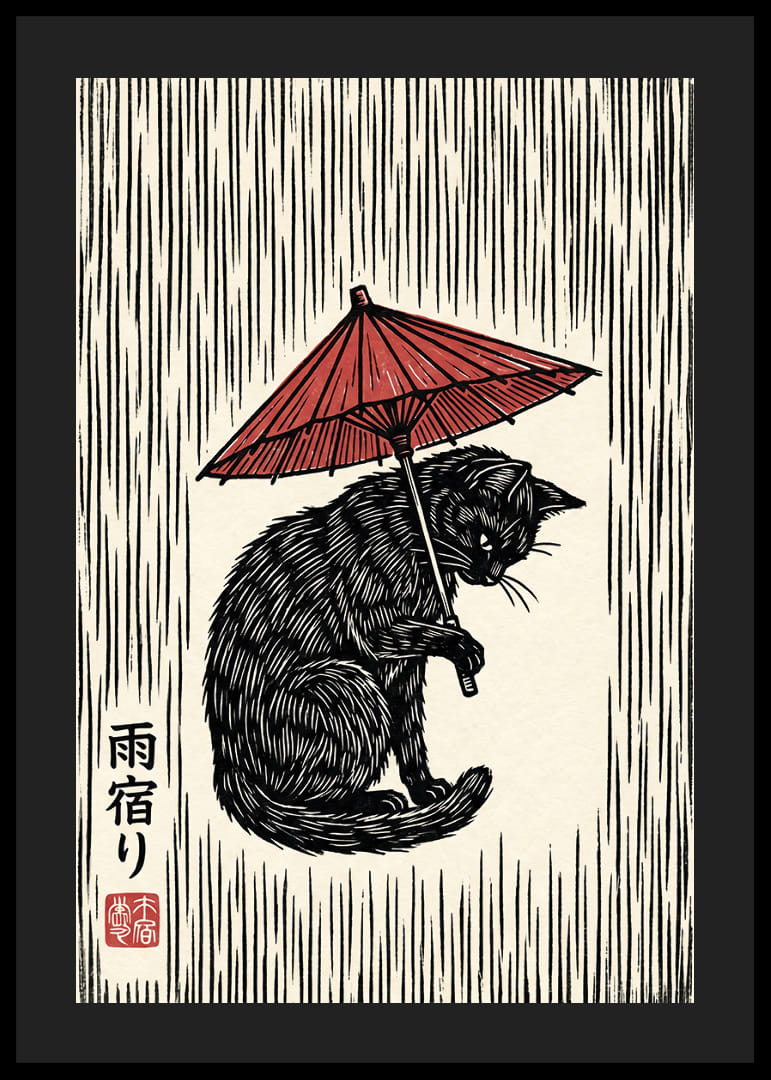 Un gatto con un ombrello rosso in un'elegante stampa in bianco e nero.-12