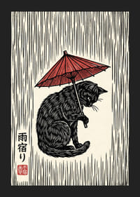 Un gatto con un ombrello rosso in un'elegante stampa in bianco e nero.-5