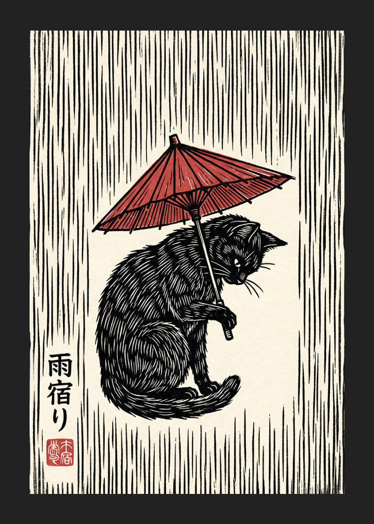 Un gatto con un ombrello rosso in un'elegante stampa in bianco e nero.-12
