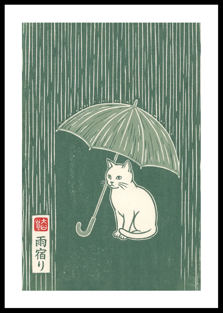 Un gatto siede tranquillamente sotto un ombrello sotto la pioggia.-12