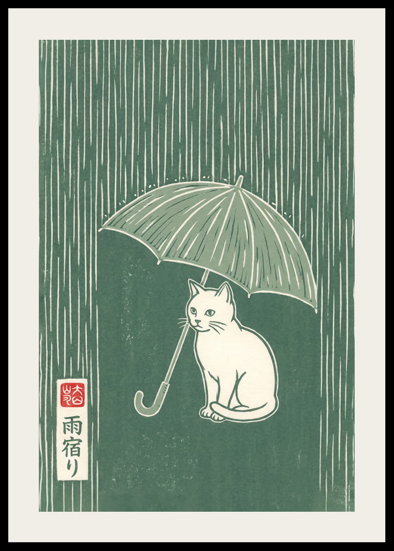 Un gatto siede tranquillamente sotto un ombrello sotto la pioggia.-12