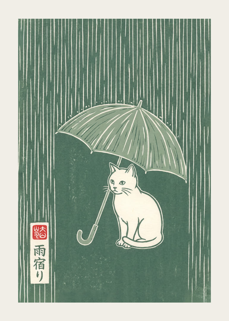Un gatto siede tranquillamente sotto un ombrello sotto la pioggia.-12