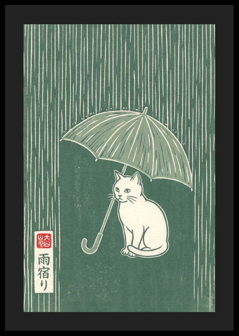 Un gatto siede tranquillamente sotto un ombrello sotto la pioggia.-12