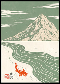 A peaceful koi swims by a majestic mountain.-6