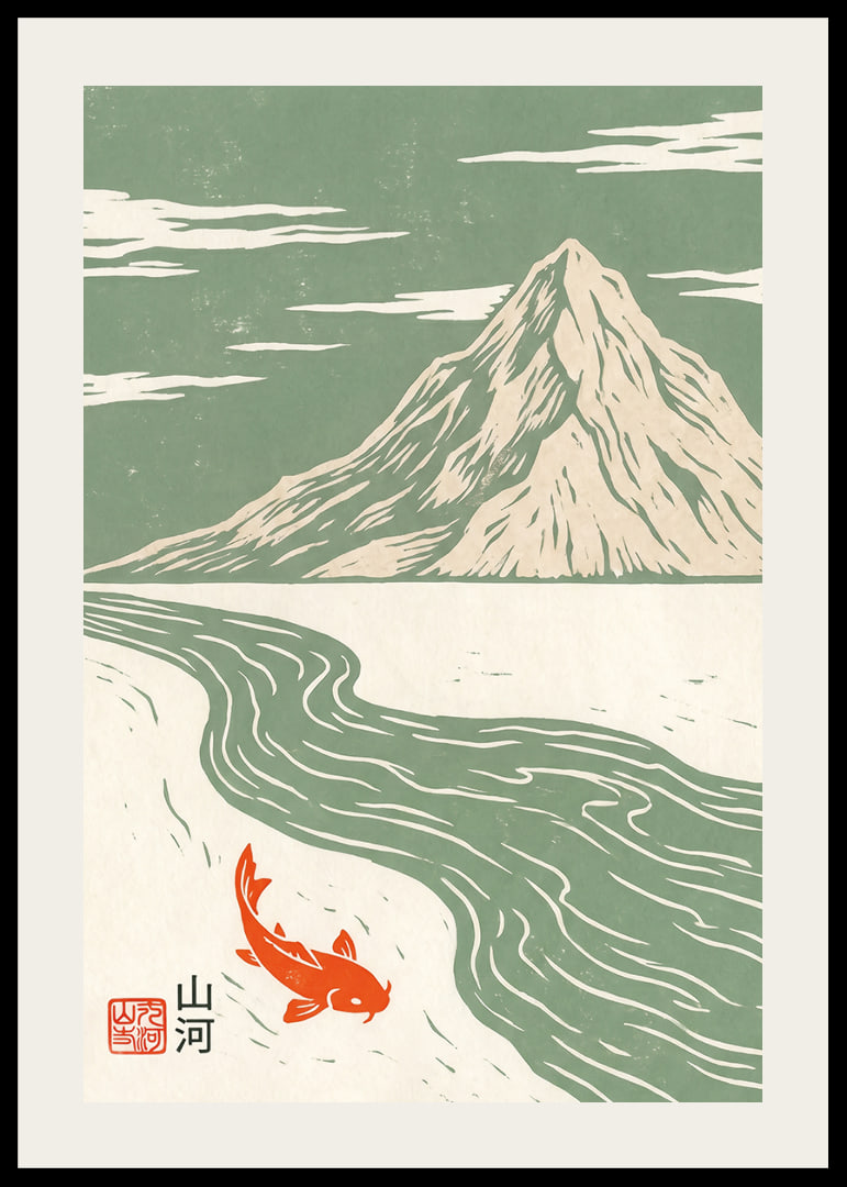 A peaceful koi swims by a majestic mountain.-12