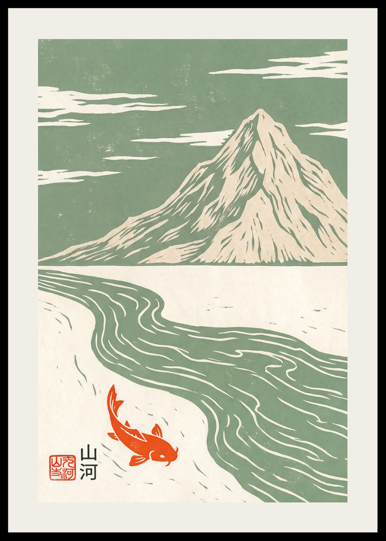 Een vredige koi zwemt langs een majestueuze berg.-12