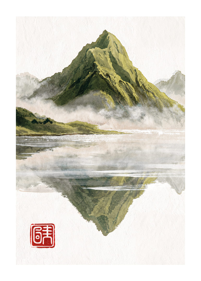 En majestätisk bergstopp speglar sig i en dimmig sjö.-12