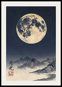 A night scene with a majestic full moon and flying crane.-2