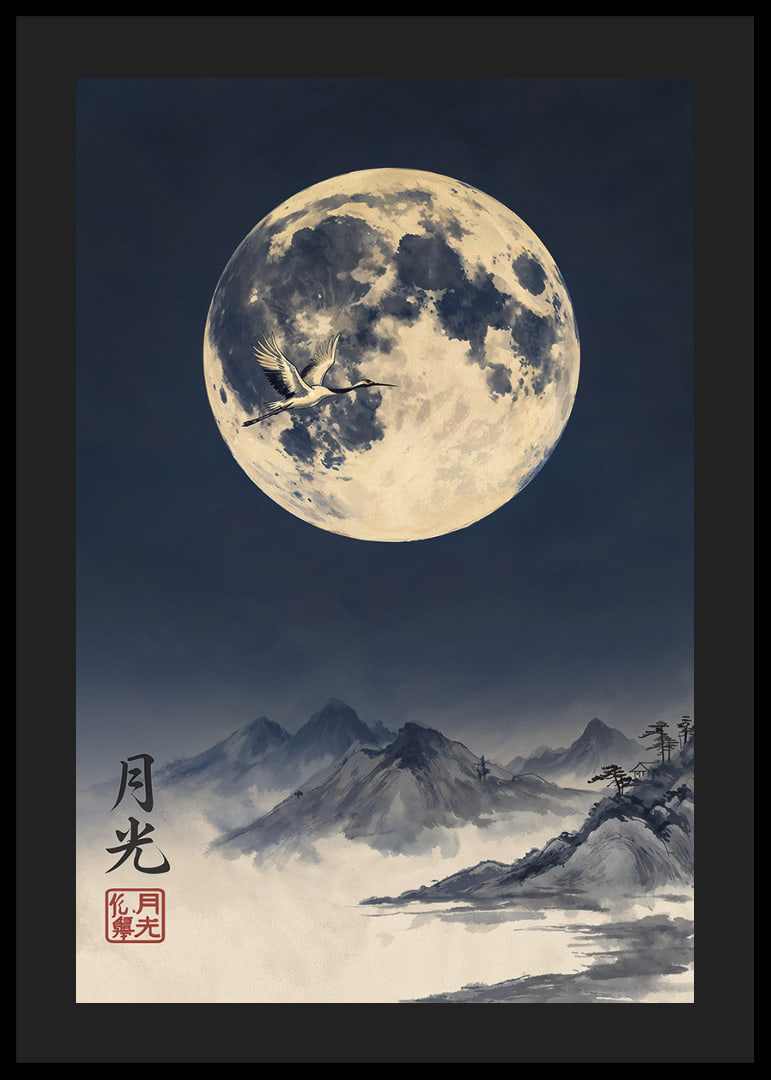 A night scene with a majestic full moon and flying crane.-12