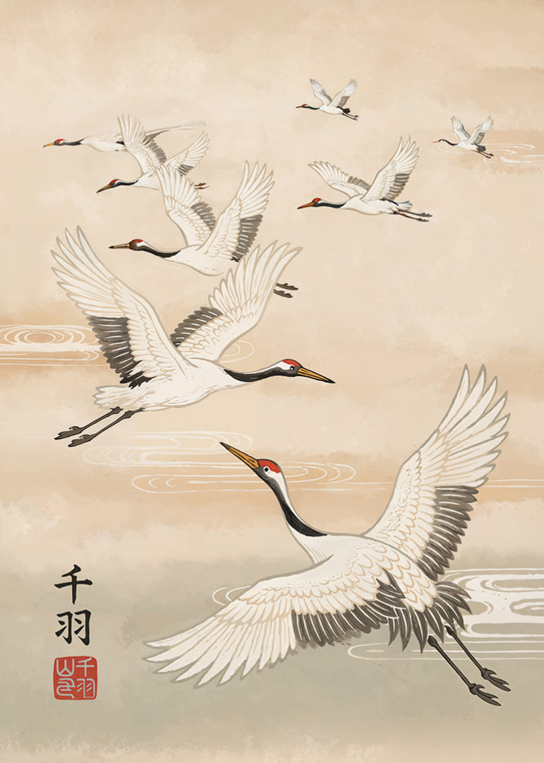 Dancing with elegant cranes in a dreamy sky.-12