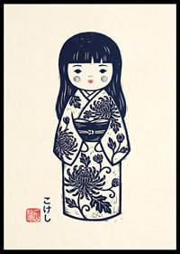 Elegant kokeshi doll in a masterful print with traditional details.-6