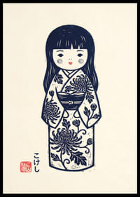Elegant kokeshi doll in a masterful print with traditional details.-6