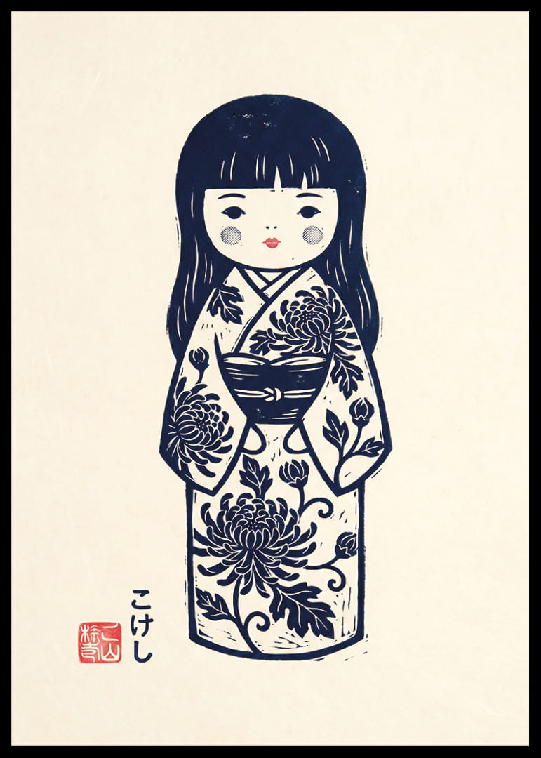 Elegant kokeshi doll in a masterful print with traditional details.-12