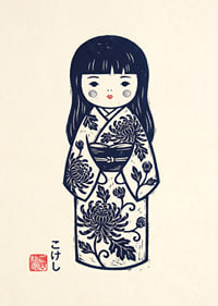 Elegant kokeshi doll in a masterful print with traditional details.-7