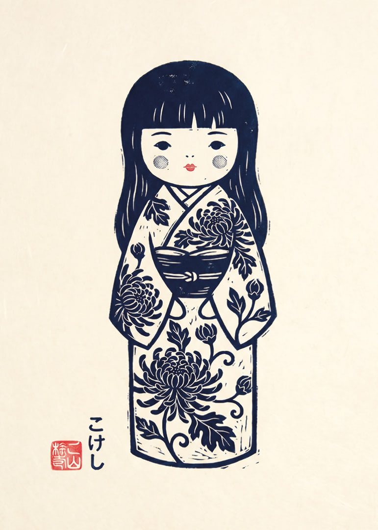 Elegant kokeshi doll in a masterful print with traditional details.-12